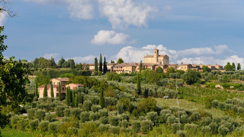 Klostret Certosa di Pontignano med odlingar och uppstickande cypresser i förgrunden.